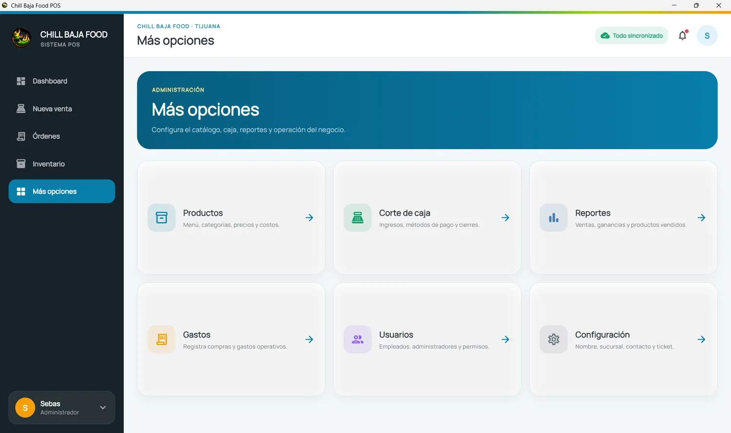 Módulo de opciones administrativas